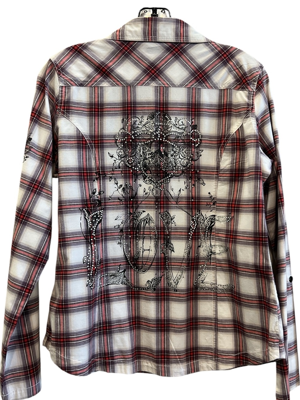 Western Inspired Plaid Button-Up Shirt with an Embellished Back Size Large